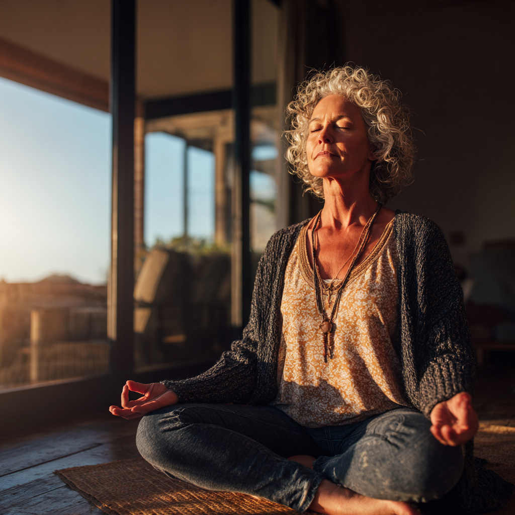mature woman practicing mindful yoga poses in peaceful morning light