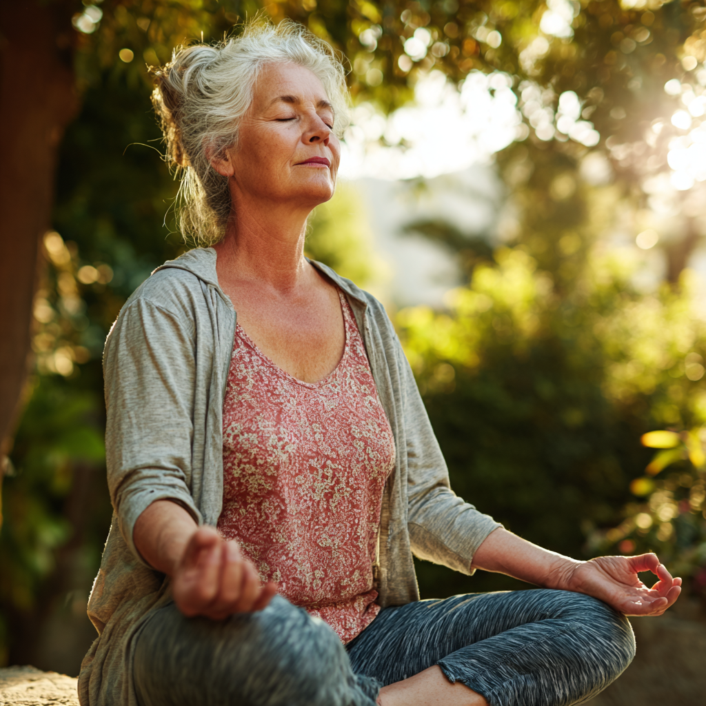 senior woman in comfortable yoga clothes meditating in serene natural environment